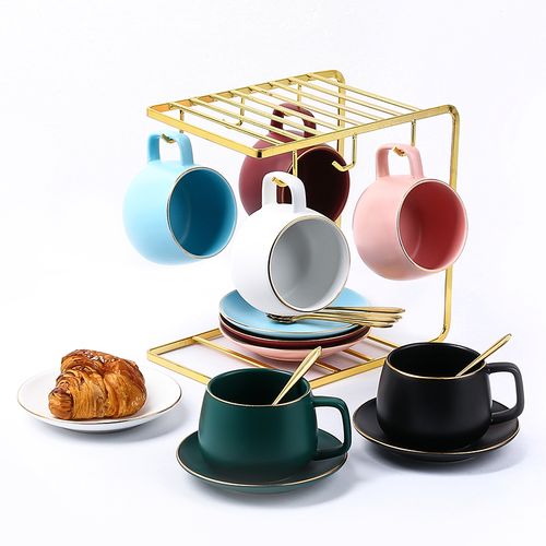 欧式马卡龙色陶瓷描金咖啡杯家用咖啡杯厅情侣水杯早餐杯配杯架